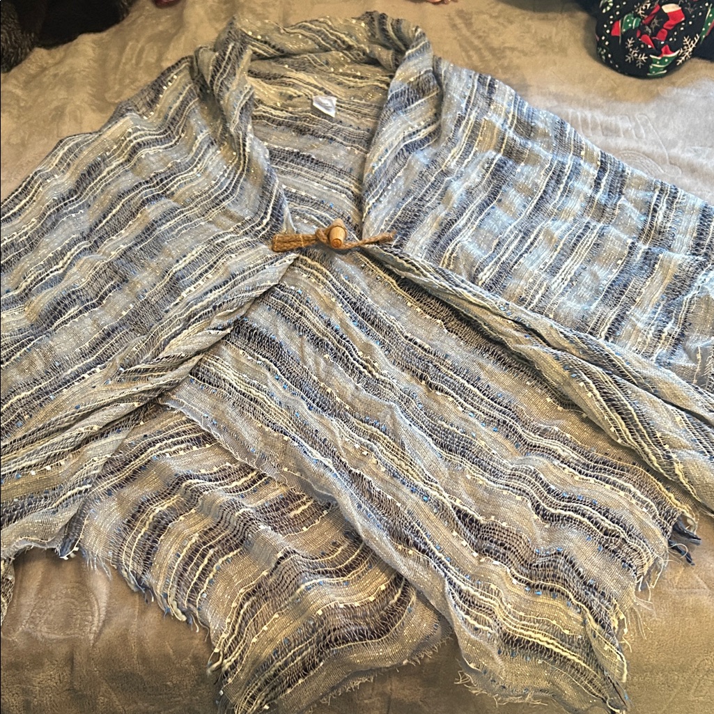 Lightweight Blue-Gray Striped Open Knit Women's Wrap